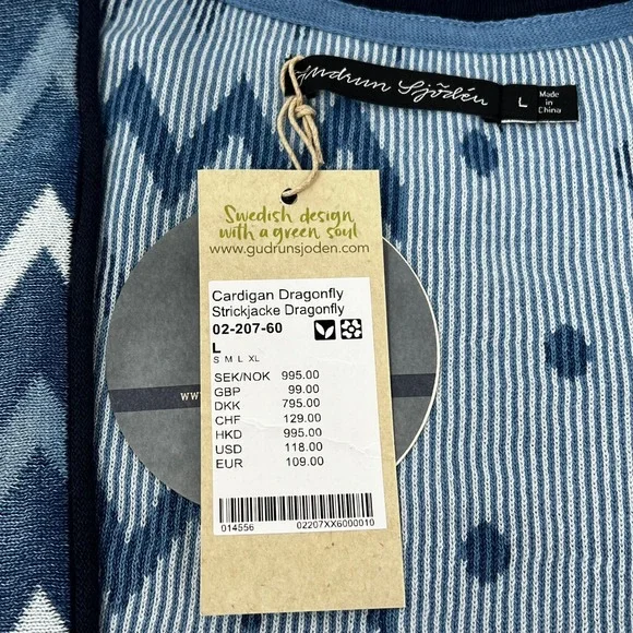 Gudrun Sjoden Indigo Dragonfly Organic Cotton Cardigan Blue Patterned Large NWT - Picture 6 of 9